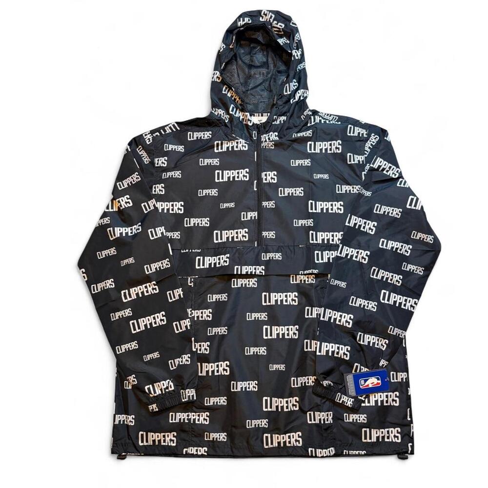 NBA LA Clippers black windbreaker with white 'CLIPPERS' text repeating across th